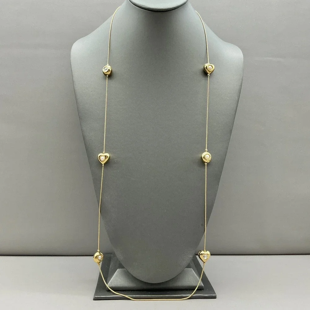 Vintage Givenchy Necklace Gold Tone Heart Faux Pearl Crystal Station 1980s 30